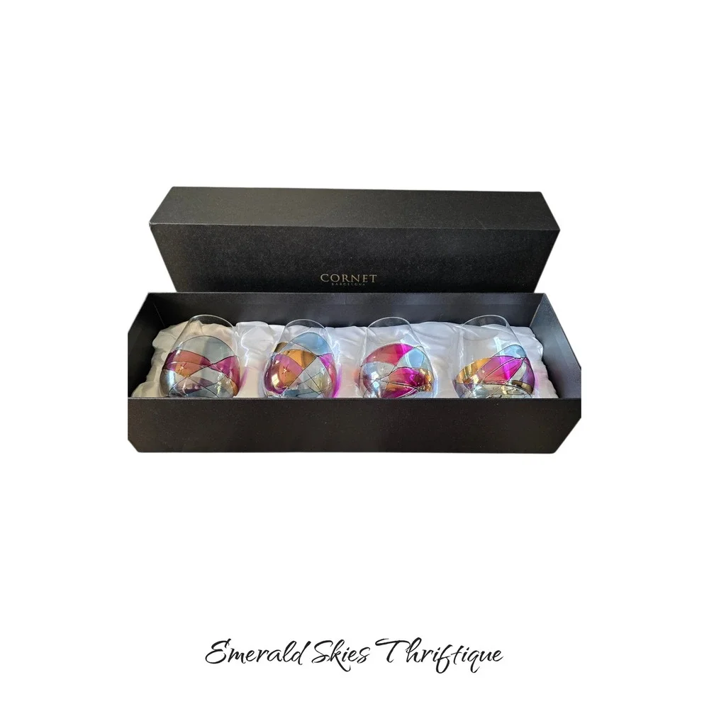 4 Cornet Barcelona Sagrada Stemless Stained Glass Mosaic Wine Glasses w box READ